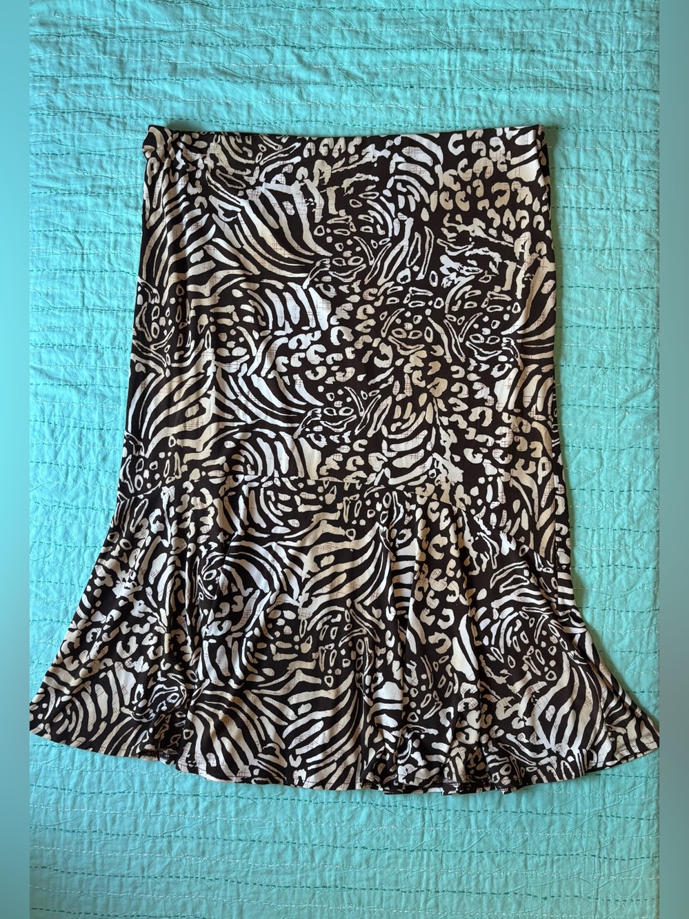 Liz Claiborne Brown and Cream Animal-Print Midi Skirt XL Flare Ruffle Hem